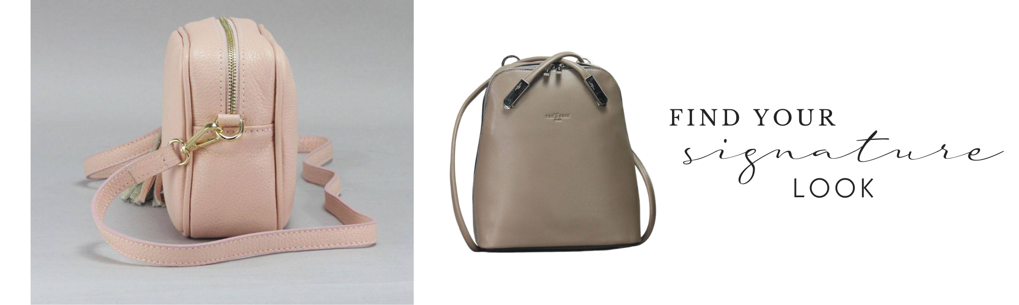 a light pink and a tan purse 